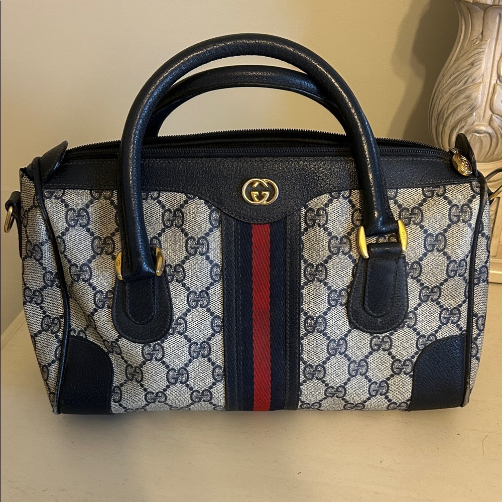 Gucci Blue Canvas GG Supreme Top Handle Bag with Red Stripe